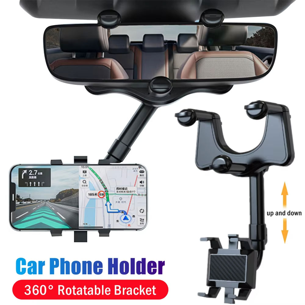 Car Mirror - ที่วางโทรศัพท์กระจกมองหลังรถยนต์แบบปรับได้ 360 ° ที่วางโทรศัพท์มือถือแบบยืดหดได้คลิปโทรศัพท์ GPS รองรับขาตั้งโทรศัพท์มือถือ